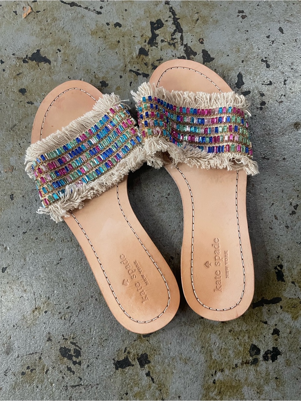 Kate Spade Solaina Multicolor Beaded Biege Fringe Slide Sandals Size 8 - Picture 2 of 5